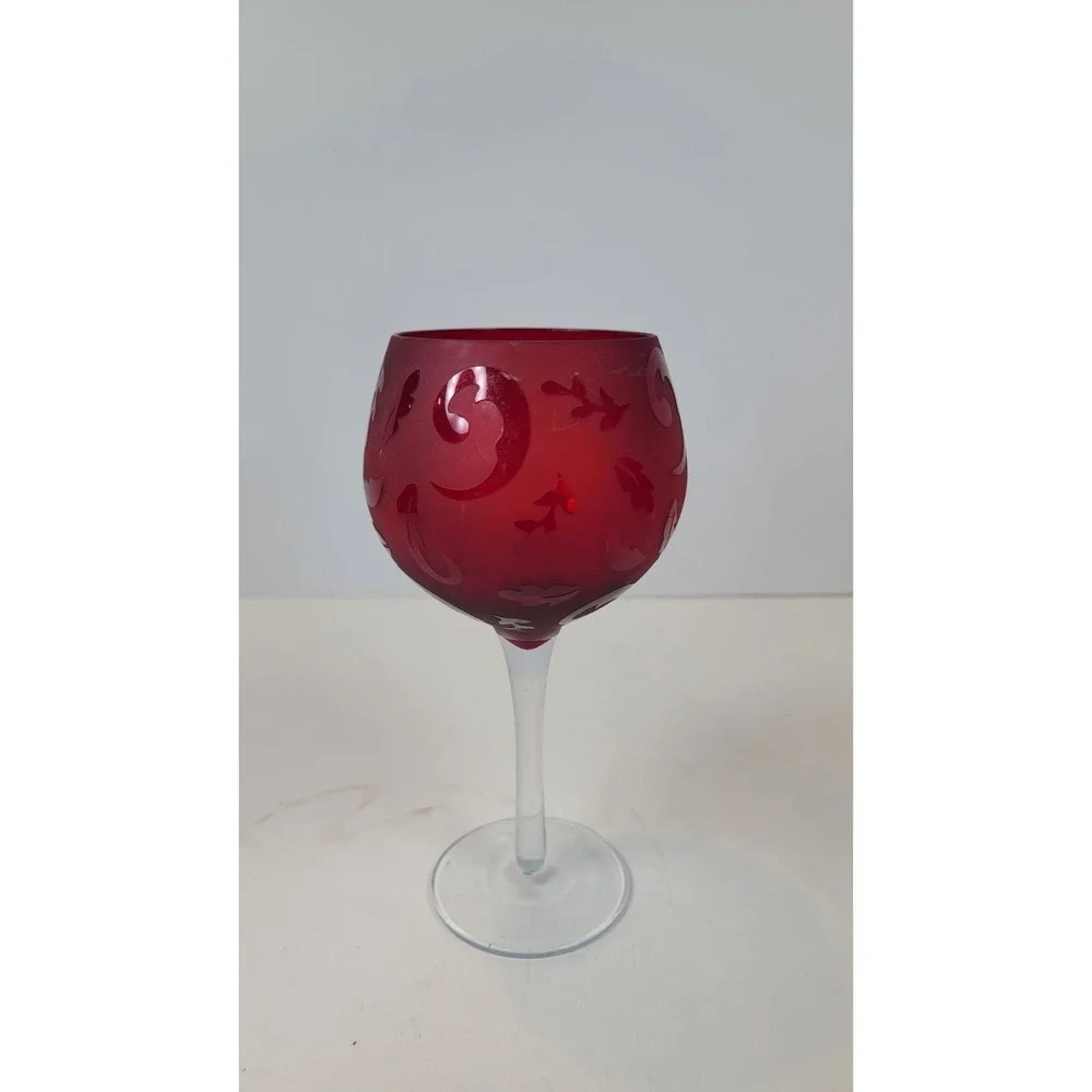 Ruby Red Glass Etched Floral Scrolls Pair of Toasting Balloon Wine Glasses